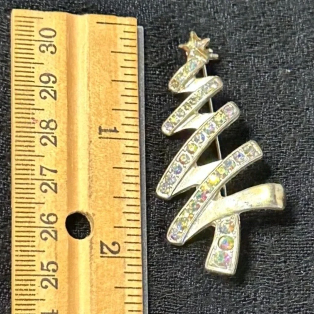 Vintage Abstract Christmas Tree Brooch AB Rhinestone Champagne Gold Tone Pin‎